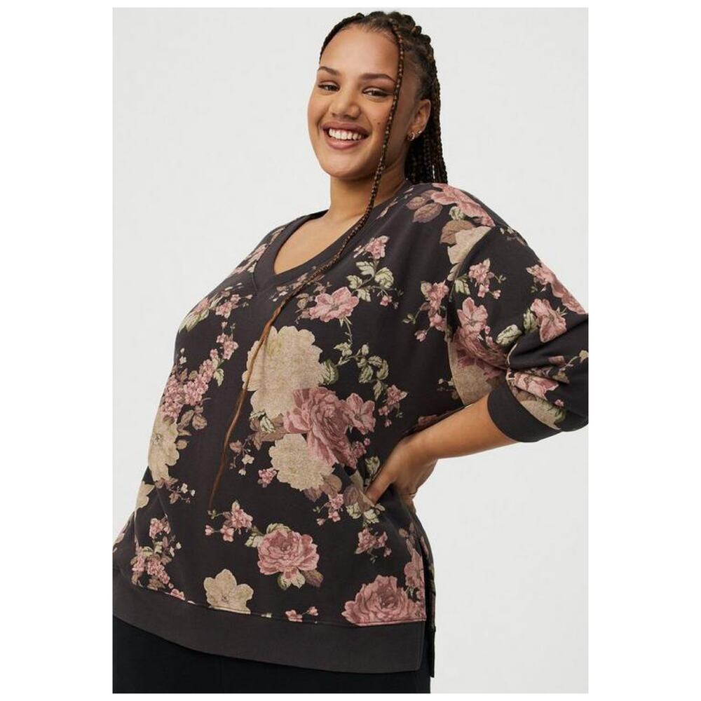 Torrid Black&Pink Floral V Neck Drop Shoulder Fleece Sweatshirt Sz.4 NWT